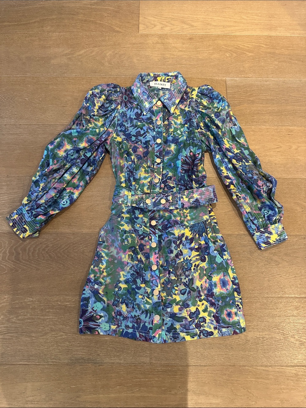 Elliatt Blue Green Multicolor Floral Puff-Sleeve Mini Dress